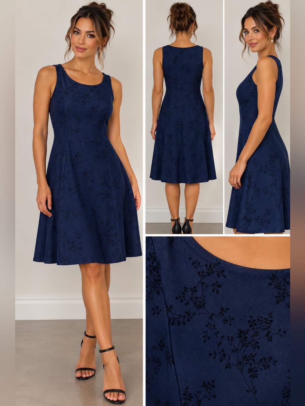 Vintage Alesia International Navy Blue Floral Flocked Sleeveless Dress Size 9/10